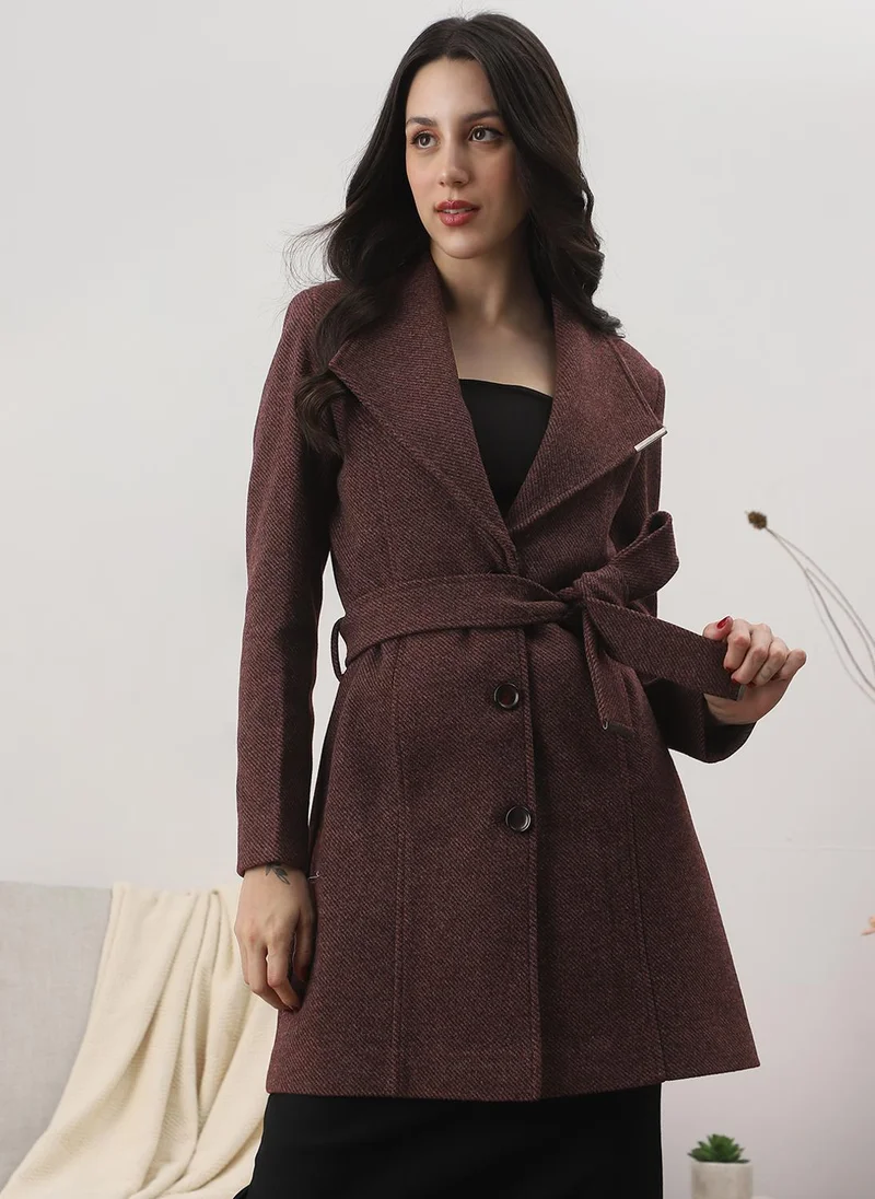 جلو باص Globus Women Burgundy Shawl Collar Long Sleeves Self Design Winter Wear Overcoat with Belt